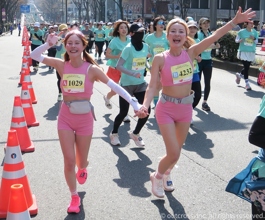 Japanese girls enjoy the running event, Shibuya-OmoteSando Womens Run 2026 on the OmoteSando in Shibuya Tokyo.